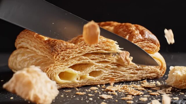 Cutting a Delicious Cream Puff Pastry With Knife on Black Background