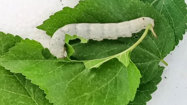 A silkworm is eating a mulberry leaf