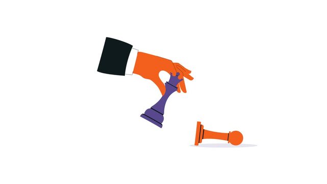 4k Hand Moving Chess Piece to Knock Down Pawn. Business Strategy Concept Animation Video 