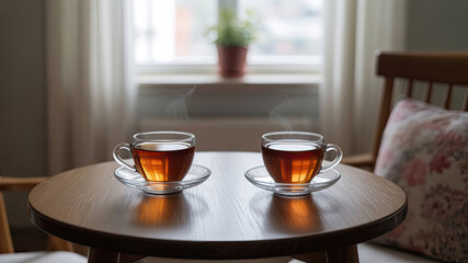 Two cups of tea sit on a wooden table, one on the left and one on the right