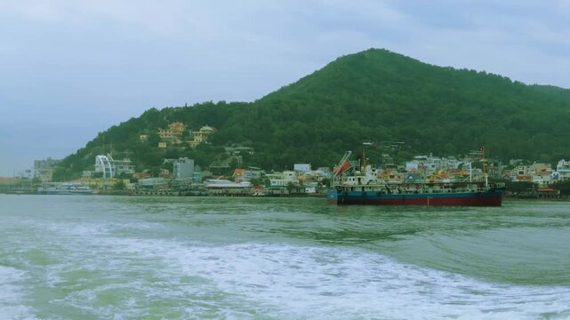 Cargo Barges and Container Ships Transiting Vung Tau River Mouth
