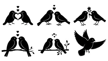 Fototapeta premium Black silhouettes of lovebirds and a flying bird isolated on transparent background