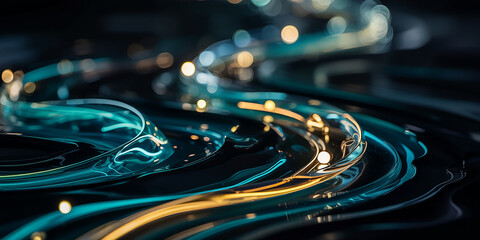 Abstract flowing glass strands with neon lights and bokeh on dark surface background