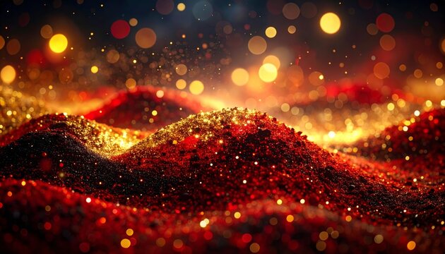 Abstract red background with moving golden waves and flowing curves of light