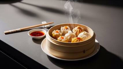 Steaming Hot Dim Sum in Bamboo Steamer with Dipping Sauce and Chopsticks.