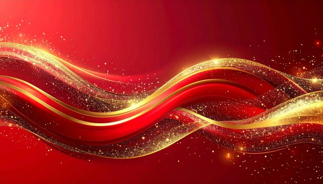 Abstract red background with moving golden waves and flowing curves of light