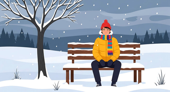 Man sitting alone on a snowy park bench during winter snowfall