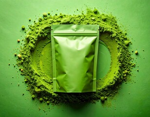 Creative mockup of a green pouch blending into vibrant matcha powder background, playing with texture and illusion in minimalist style.