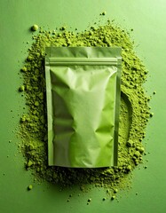 Creative mockup of a green pouch blending into vibrant matcha powder background, playing with texture and illusion in minimalist style.