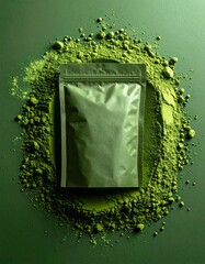 Creative mockup of a green pouch blending into vibrant matcha powder background, playing with texture and illusion in minimalist style.