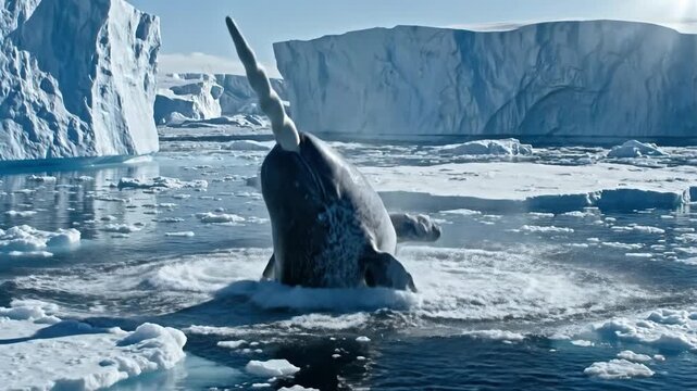 Majestic narwhal breaching dramatically from icy arctic waters surrounded by shimmering icebergs and vast frozen landscapes