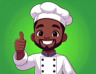 Cartoon depiction of a smiling Black chef, wearing a white hat and jacket, giving a thumbs-up against a green background