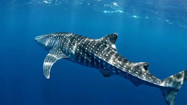 Majestic whale shark glides gracefully through crystal clear ocean depths, sunlight filtering from above.