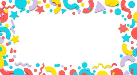 Colorful geometric paper cut shapes border on white background for birthday, card, invitation.