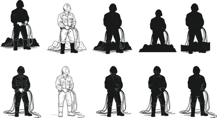 Industrial worker illustrations, rope handling, safety gear, helmet and gloves, silhouette and line art, construction pose, equipment detail, graphic styles © Motahar