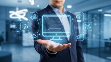 Businessman showcasing a futuristic holographic display of computer code and cloud computing technology icons, representing digital transformation and innovation in business.