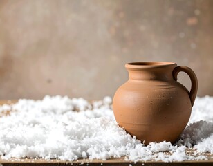 Terracotta jug on snowy wooden surface