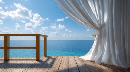 Obraz premium Serene Balcony View from Luxury Resort Room Overlooking Endless Blue Ocean and Tranquil Sky with Fluffy Clouds