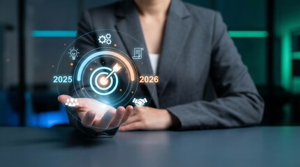 Close-up on a businesswoman's open palm projecting a futuristic holographic interface displaying goal-setting icons, target, and years 2025 and 2026 for strategic planning.