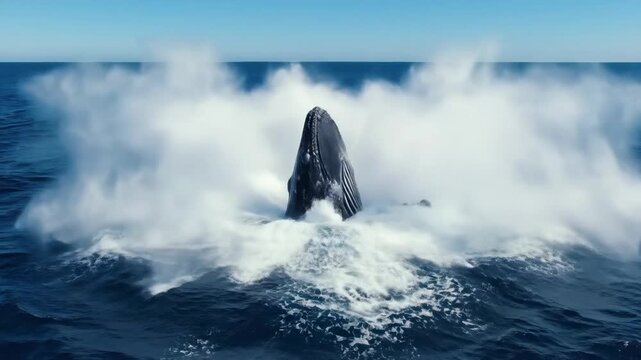 Massive humpback whale spectacularly breaching from the ocean surface in a powerful, exhilarating display of marine wildlife.