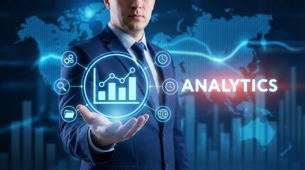 Businessman presenting digital analytics with glowing interface, charts, and global network visualizations for business intelligence and data analysis.