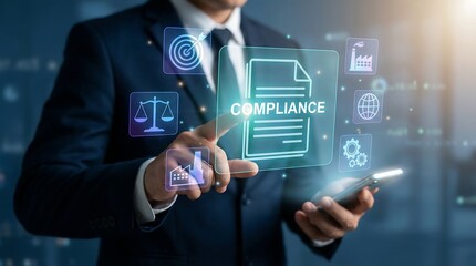Businessman interacting with holographic compliance interface, digital document, scales of justice, industry, and global network icons for regulatory adherence.
