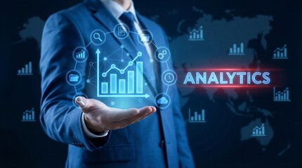 Businessman presenting a glowing digital infographic showcasing data analysis and business intelligence insights with futuristic charts and graphs.
