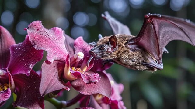 Nectar-sipping bat feeds from a blooming orchid during twilight in a natural setting