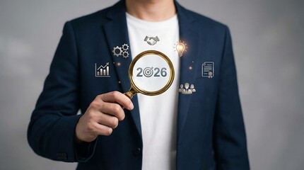 Businessman holding a magnifying glass to envision 2026 business goals and future strategy. Conceptual image for upcoming year planning, innovation, and strategic development.