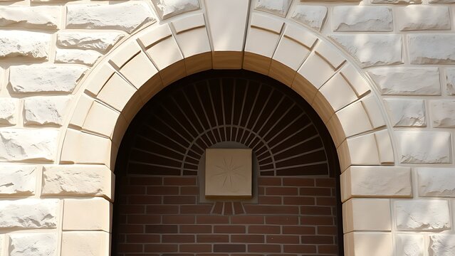 mediocrity. Stone arch doorway with radial brick pattern and central keystone in daylight. real-estate listings.
