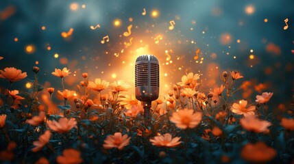 Flowers surround a vintage microphone with glowing musical notes floating in a vibrant outdoor setting during sunset