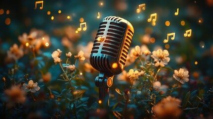 A vintage microphone stands amidst a vibrant field of blooming flowers, glowing musical notes dance in the air, creating a magical atmosphere as the sun sets in the background.