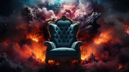 A tufted armchair in a warm hue stands against a backdrop of colorful clouds and abstract shapes, creating a striking visual contrast in a dreamlike atmosphere.