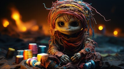 Colorful handmade doll surrounded by vibrant threads and candles in a dimly lit setting creates an intriguing atmosphere