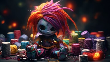A handmade doll with colorful hair and a patchwork body sits amidst scattered threads and lit candles, evoking a sense of creativity and eerie charm in a dimly lit environment.