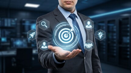 Businessman holding a glowing target with arrows in the center, surrounded by digital icons representing business goals, strategy, and success.