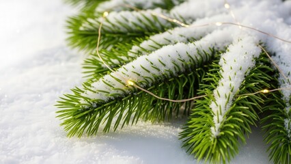 Snow-covered fir branches with Christmas lights in a winter landscape close-up view