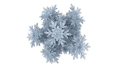 A cluster of delicate, translucent ice crystals resembling snowflakes, artfully arranged against a stark white background.