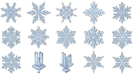 A collection of intricate and diverse snowflake crystal patterns, showcasing their unique hexagonal symmetry and delicate crystalline structures.