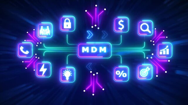Master Data Management MDM concept with glowing neon icons and network connections Keywords: MDM, master data management, data governance, technology, network, connection, icons, neon, glowing