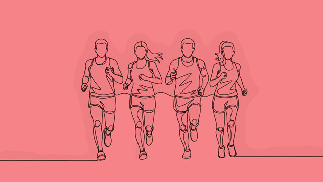 Dynamic Continuous Line Art of Four Runners: Group of Men and Women Exercising Together, Symbolizing Teamwork, Fitness, and Endurance on a Solid Co...