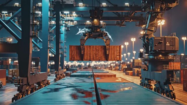 Container Terminal Operations at Night with Cranes.