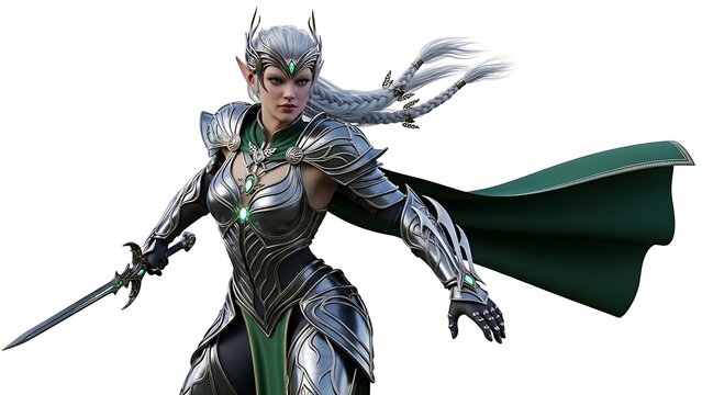 A fierce female elf warrior in ornate silver armor with a green cape, holding a sword.