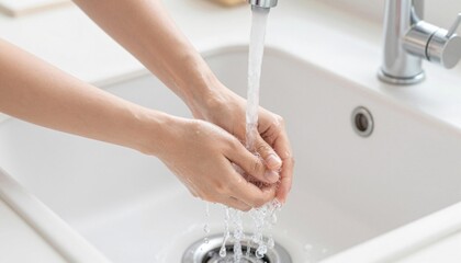 Close-up of hands being washed under running tap water over a white sink, demonstrating handwashing and personal hygiene