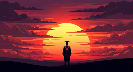 Obraz premium Pixel art graduate in cap and gown facing a dramatic sunset