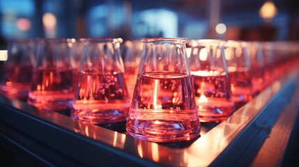 Rows of test tubes filled with bright red liquid glisten under soft blue lighting in a laboratory during the evening, emphasizing a focus on scientific exploration and analysis.