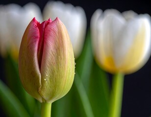 Close-up of a pink-tipped tulip with white blurred background