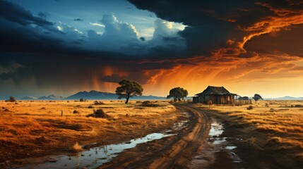Dramatic sunset illuminates rugged mountains and lush fields as storm clouds gather on the horizon during an evening in a tranquil landscape