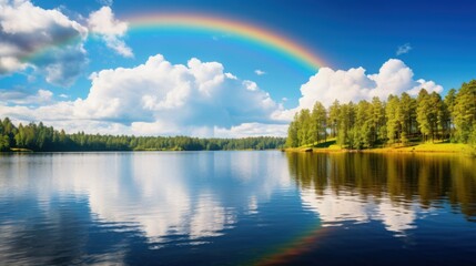Colorful clouds fill the sky as the sun sets over a tranquil lake. The vibrant reflections on the water create a peaceful atmosphere among the trees lining the shore.
