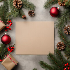 christmas background with fir branches and cones